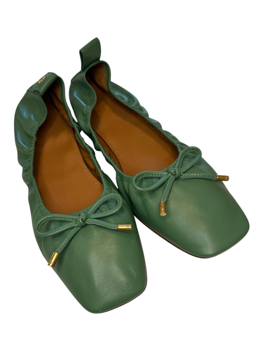 Tory Burch Ballet Flats Dress Shoes Leather Square Toe Bow Green Women’s Size 10